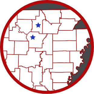 Map of Northeast Arkansas with Mark Martin dealership locations denoted by a star. There are three locations, one each in Sharp, Izard, and Independence counties.
